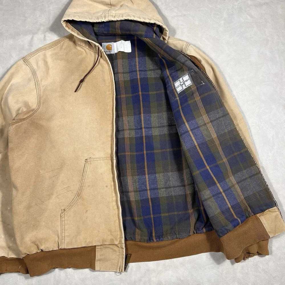 Vintage Carhartt Tan Hooded Jacket Size XL Flannel Lined Active Duck Full Zip